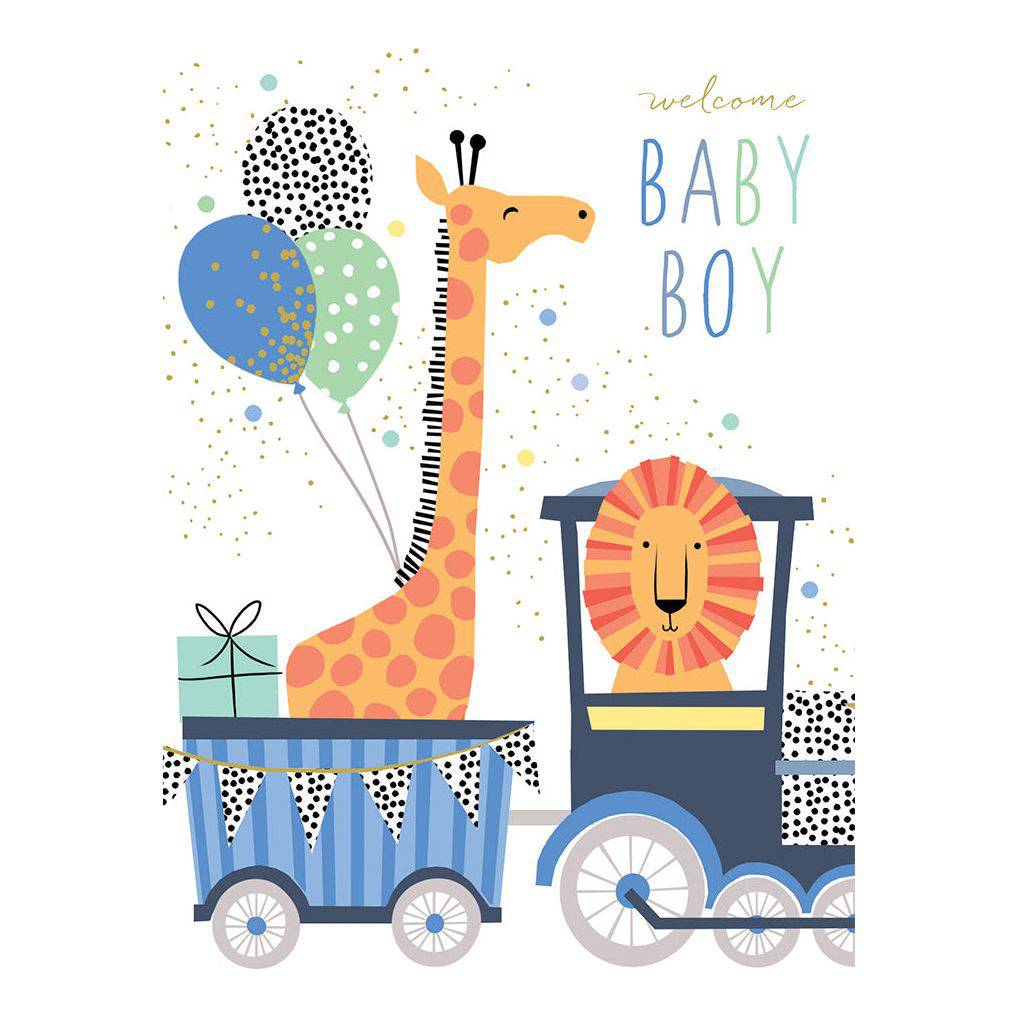 Pictura baby boy greeting card featuring a giraffe and lion train illustration from Sara Miller's everyday card collection.